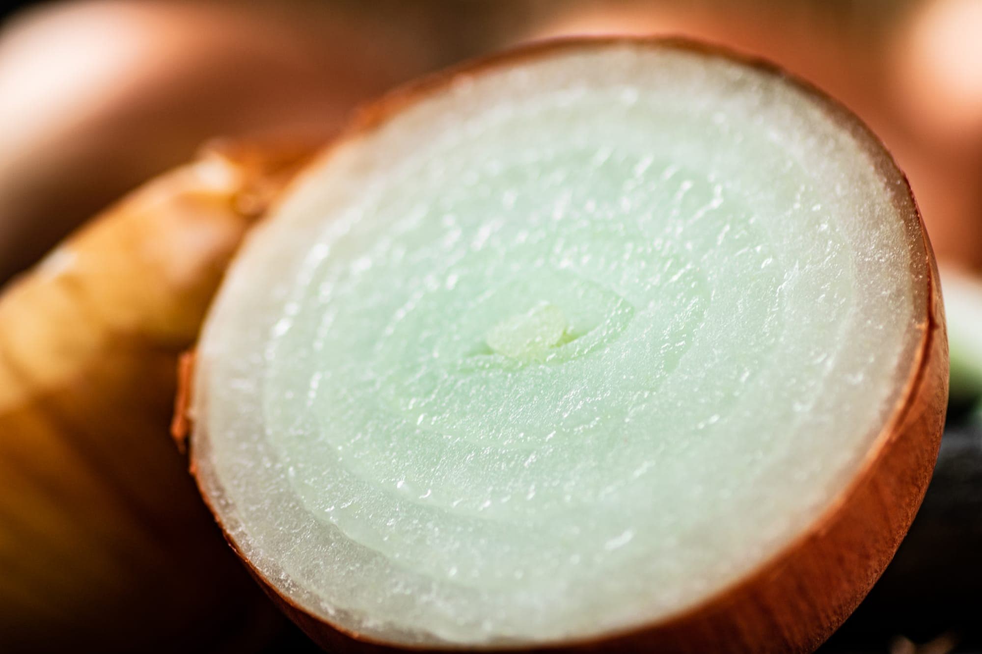 Macro shot of a halved brown onion showing its translucent rings