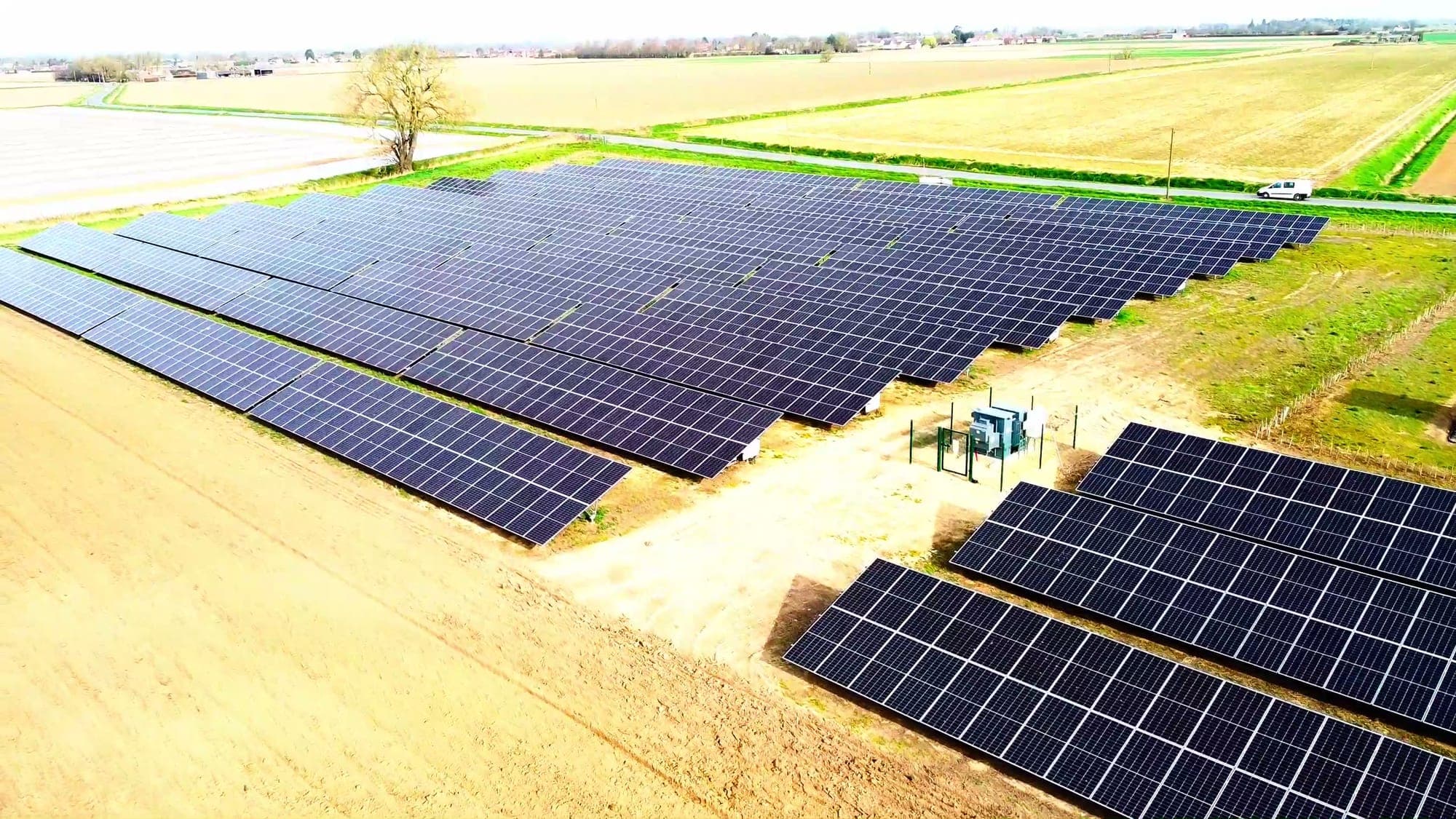 The 1.4MW solar array at Moulton, rows of panels across the fen