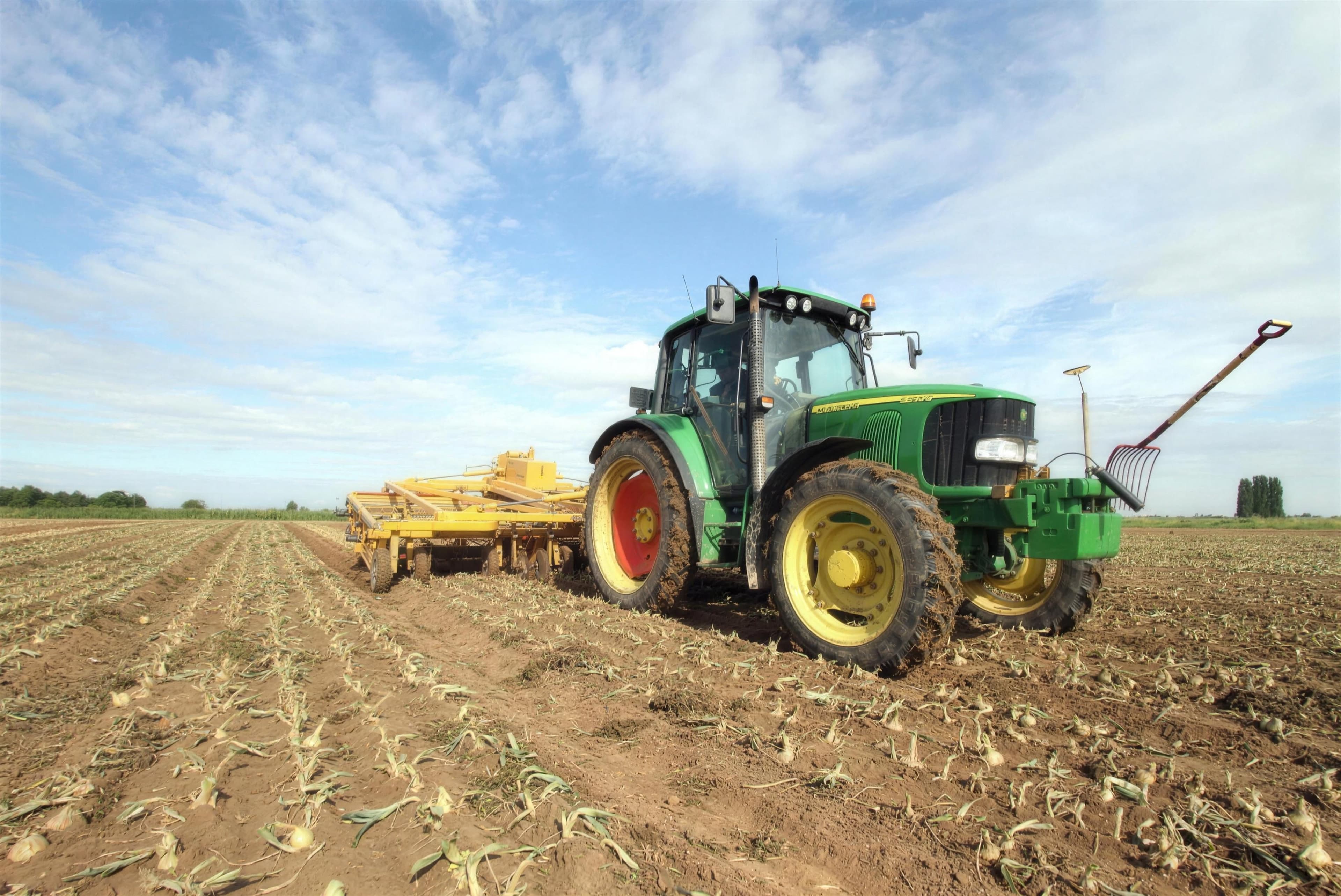 Tractor working a harvested onion field in the Lincolnshire Fens